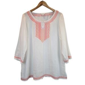 J. Jill White Linen Embroidery Peasant Boho Tunic Top Coastal White Coral Medium